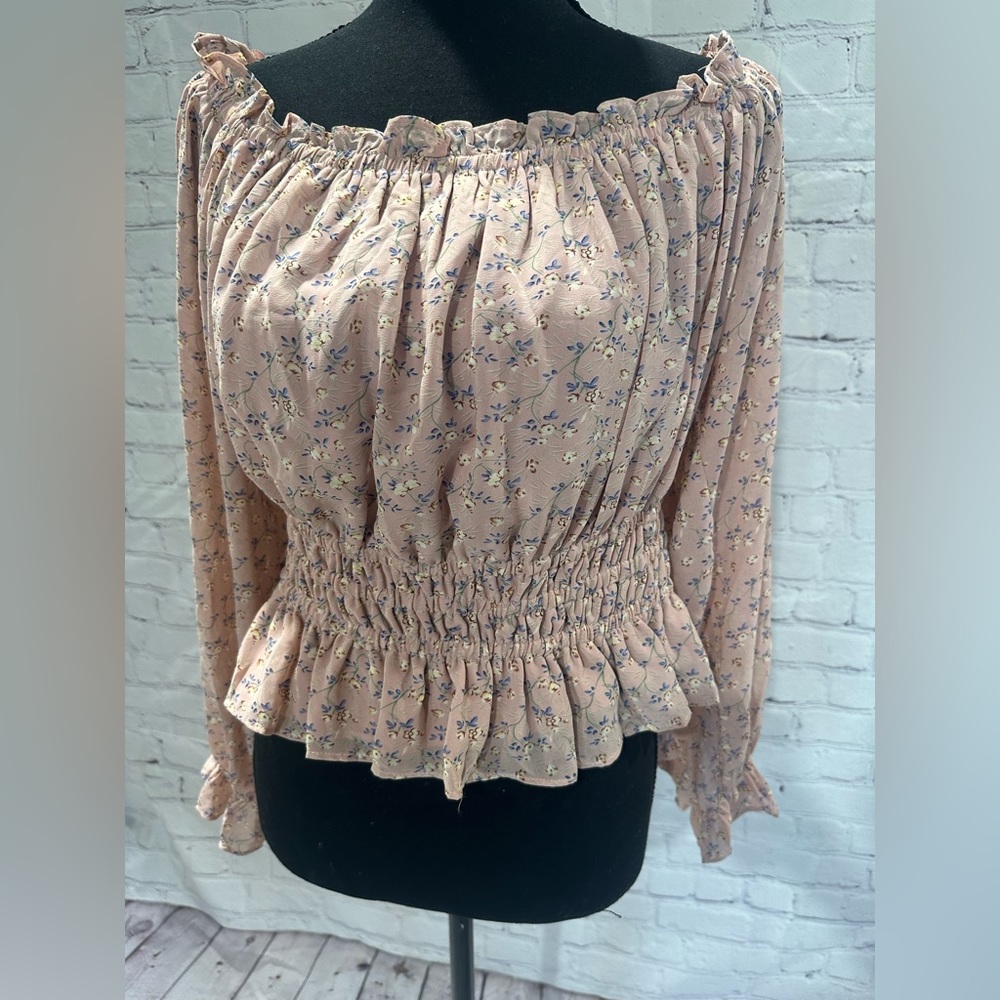 She + Sky Pink Floral Longsleeve Off The Shoulder Top